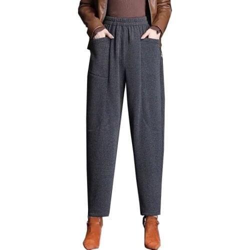 Harem Pants Women Autumn Winter Thick Warm Full Length Pants Elastic Waist Pockets Design Loose Oversize Cozy Trousers Female