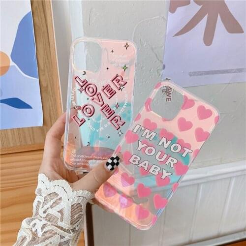 Letter Slogan Laser Heart Case For iPhone 11 12 Pro Max X XR XS Max SE2020 7 8 Plus Shockproof Gradient Fashion Clear Back Cover