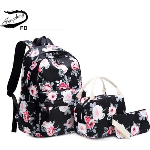 Fengdong 3pcs/set school bags for teenage girls rose flower printing school backpack set kids floral book bag travel backpack