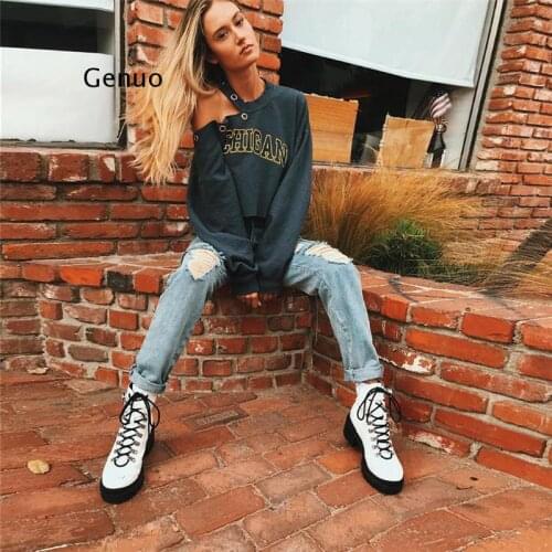 Tees European and American Style New Winter O-Neck Personality Hole Long Sleeve Print Loose Flower Sweater Shoulder Tops T-Shirt