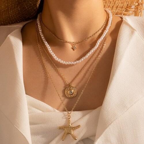 HuaTang Boho Pearl Starfish Pendant Necklace for Women Multilayer Gold Shell Star Clavicle Chain Beach Jewelry on the Neck 16250