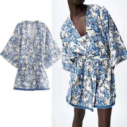 Klkxmyt Za Kimono Women Summer Blouse Blue Print Long Kimonos Woman 2021 Fashion Belt Japanese Vintage Beach Kimono Cardigan