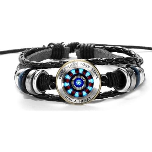 Hot Avengers Action Figure 3D Marvel Leather Bracelet Iron Man Tony Stark Arc Reactor Printed Glass Gem Charm Bracelet Hot Toys