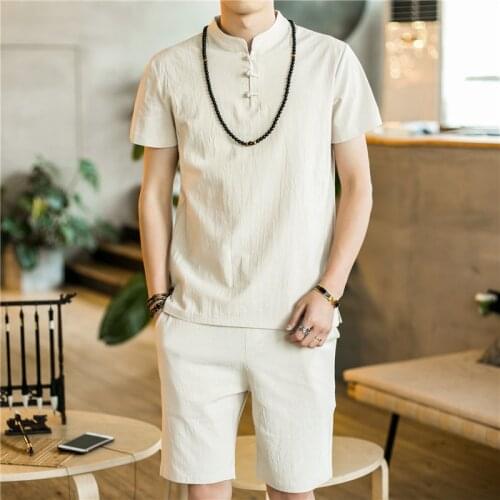 Men Sweatsuits Sportswear Linen Chinese Traditional Short Sleeve Shirt Sweatshirt+pant Casual Jogger Tai Chi Yoga Meditation Set