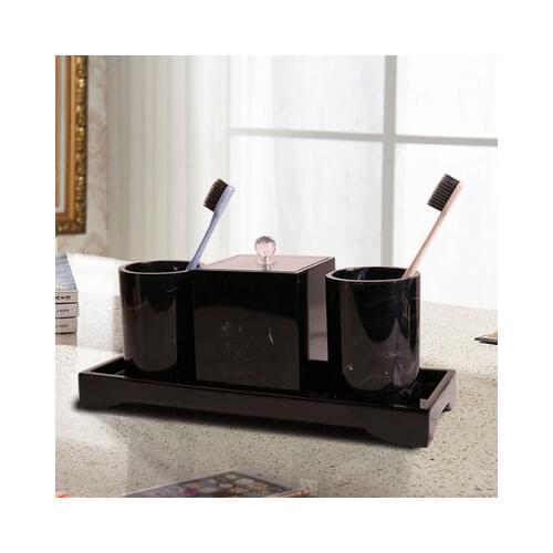 Black Four-pieces Set Resin Bathroom Supplies Accessories Marble Texture Bathroom Kit Dispenser Toothbrush Holder Cotton SwabBox