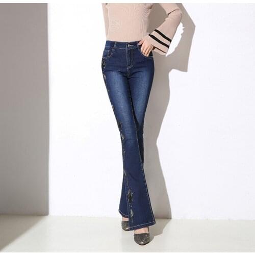 New Autumn Boyfriend High Waist Embroidered Flare Jeans Woman High Waist Denim Pants Womens Plus Size Patchwork Bell-Bottom Jean