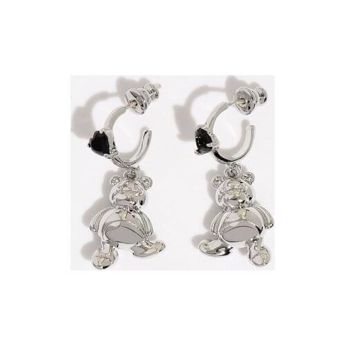Original metallic style love-shaped bear pendant earrings white gold lady earrings