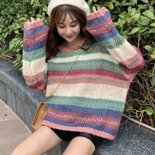 Women Pullovers Striped Colorful Sweet Girls Drop-shoulder Loose Soft College Students Casual Fashion Korean Style Sweaters New