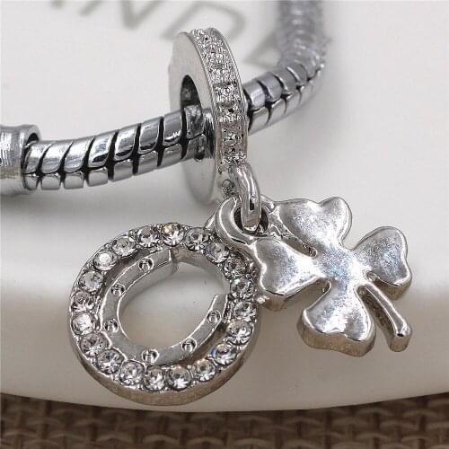 Four Leaf Clover Charm pendant fit Pandora beads Charm Bracelet & Necklace Authentic European Clear CZ