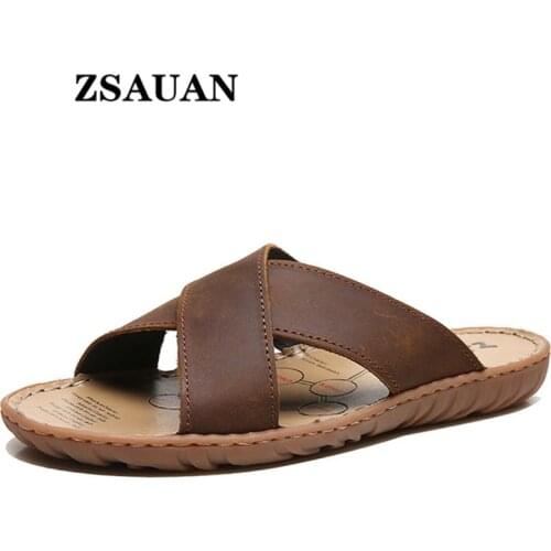 ZSAUAN Big Size 38-47 Genuine Leather Men Slippers Handmade Beach Casual Men Flats Summer Dropshipping