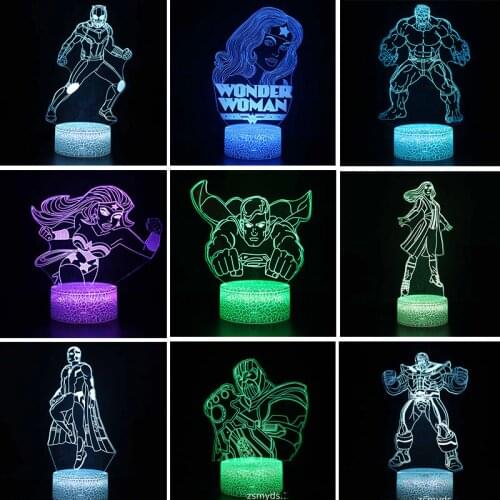 Movie The Avengers Marvel LED 3D Lamp Nightlight for Kids Birthday Gifts Hero Figure Hulk Black Widow Thanos Superman Lamparas