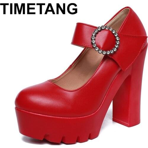 TIMETANGHeel Shoes Block Women Pumps 2019 Spring Autumn High Heels Mary Jane White Shoes Ladies Red Wedding Shoes Big Size35-43
