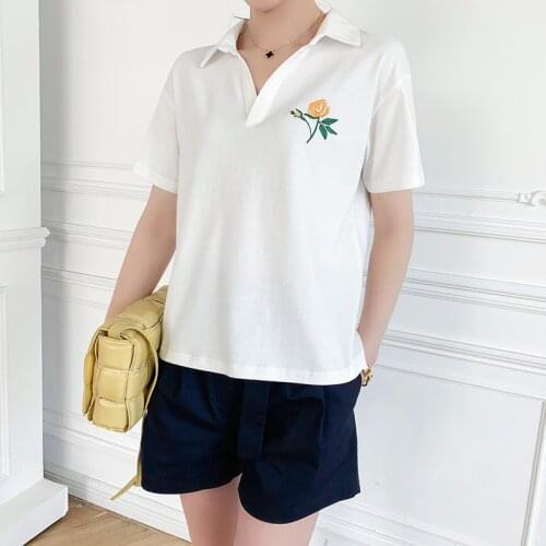 Women T-shirt 2021 Spring and Summer New Ladies Cotton White T-shirt Yellow Rose Embroidery Loose Short-sleeved Shirt