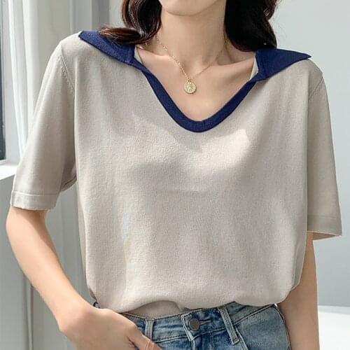 Patchwork Women T Shirt 2021 Summer Thin Pullovers Turn-Down Collar Loose Knitted Tshirt Feminine Short Sleeve Tees Elastic Tops