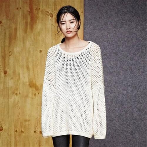 100%hand made pure cotton Oneck thin knit women loose H-straight hollow out pullover sweater one&over size