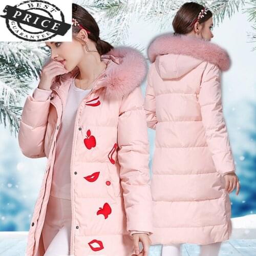 Female Winter Coat Elegant Womens Down Jacket + Fur Hooded 2021 Korean Ladies Warm Print Coats Thick Long Jackets LW2a0
