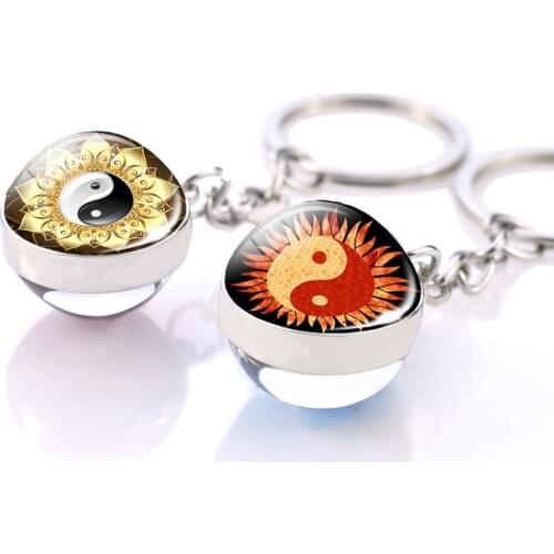 Double Side Crystal Ball Keychain Yin Yang Tai Chi Keychain Glass Round Keyrings Zen Meditation Symbol Keychain Christmas Gifts