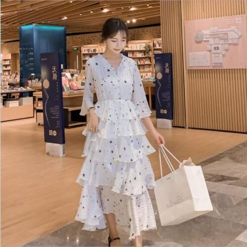 Gentle printed V-neck single-breasted French sweet fairy cake dress Elegant Party Dress Long Sleeve Casual Midi Dress