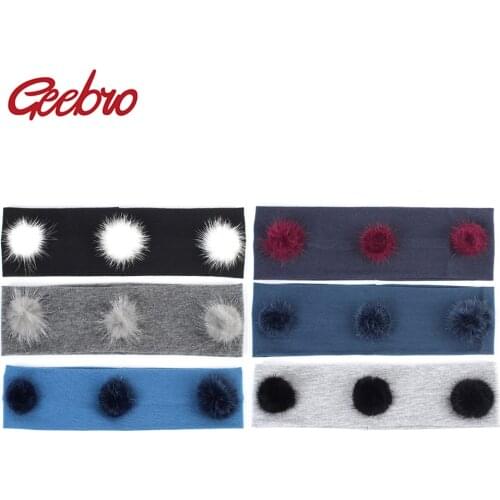 Geebro 5.5cm Girlss Headband with Mink Fur Pompom Spring Cotton Flat Headbands with for Girls Turban Spa Hair Accessories DQ702
