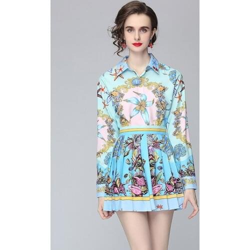 JSXDHK 2021 Runway Women Blouse Skirt Suit Elegant Summer Flower Print Long Sleeve Shirt Tops + Mini Pleated Suits Two Piece Set