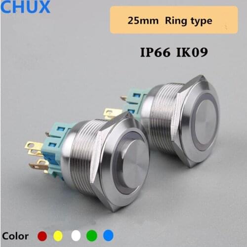 Metal Push Button Switch Momentary Ring Light 25mm 3v 6V 12V 24V 48V 110V 220v Self-locking Waterproof Switch