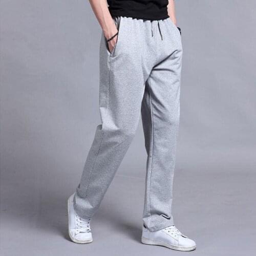 Spring Autumn New Mens Sports Pants Tethered Mid-Waist Straight Casual Loose Running Sweatpants Solid Color
