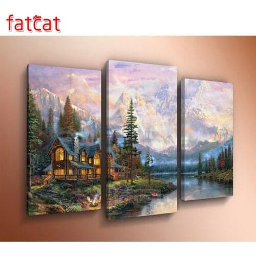 FATCAT natural scenery 3 Piece Diy Diamond Painting 5d Full Square Round Drill Diamond Embroidery Sale Lovers house deer AE1244