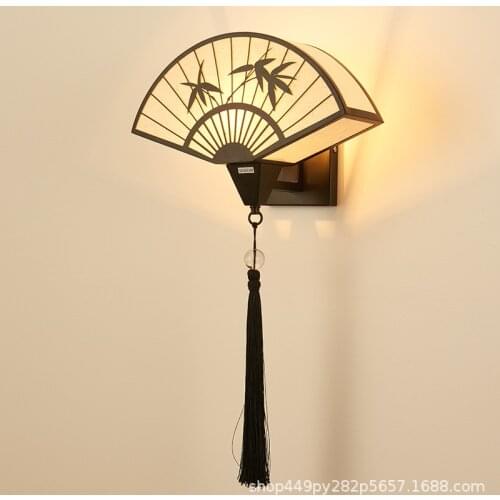 New Chinese antique wall lamp solid wood retro smart bedside aisle lamp classical Chinese wind fan-shaped wall lamp LB12234