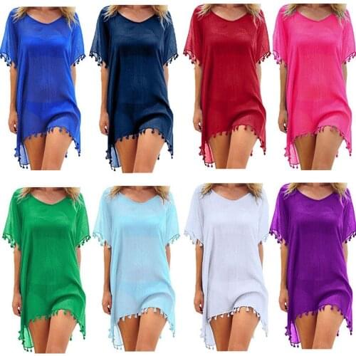 2019 New Chiffon Tassels Beach Wear Women Swimsuit Cover Up Swimwear Bathing Suits Summer Mini Dress Loose Solid Pareo Cover Ups