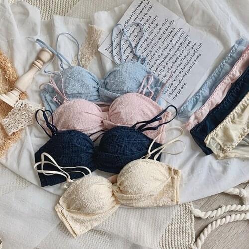 Wasteheart New Women Fashion Yellow Blue Padded Straps Half Cup Bras Cotton Panties Push Up Bra Set Sexy Lingerie Set Underwear