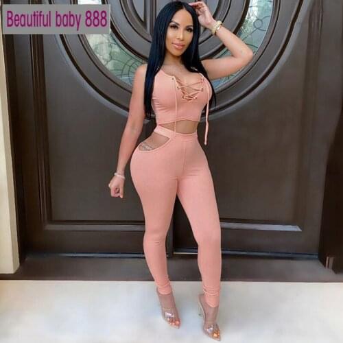 Meqeiss New Sexy V-neck Lace-up Hollow Out Solid Color 2Two-Piece Sets For Womens Sports Sleeveless Tank Top Pants Suits Female