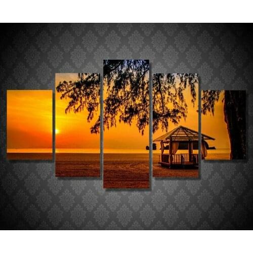 5 Pcs Sunset Beach Pavilion Poster Modern Art Wall Pictures Prints HD Canvas Home Living Room Decoration No Framed