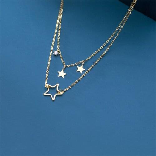 Real 925 Sterling Silver Star Double Chain Choker Necklace For Fashion Women Party Minimalist Fine Jewelry Cute Accessories
