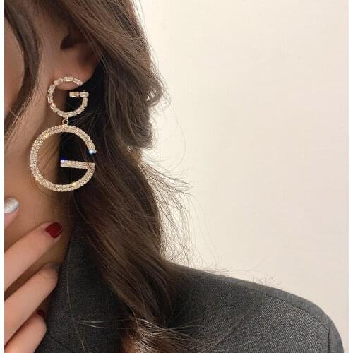 Kirykle Luxury Brand Long Chain Letter G Hanging Earrings For Women Crystal Dangle Earring Wedding Jewelry Statement pendientes