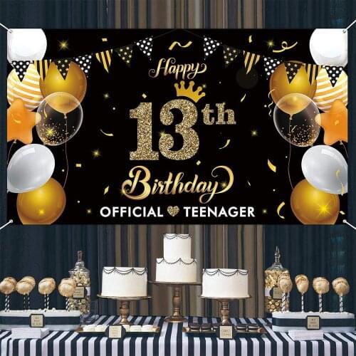Happy 13th Birthday Banner Backdrop Official Teenager Gold Party Banner Decoration Indoor Outdoor Photo Booth For Children