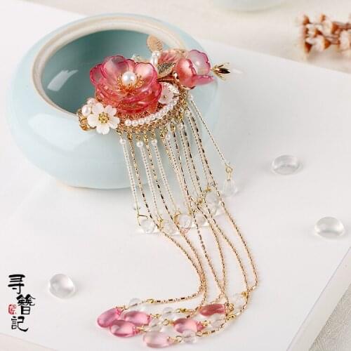 Vintage pink flower tassel handmade pearl hairclip pin accessories Headwear up do hair for kimono hanfu COSPLAY XZ