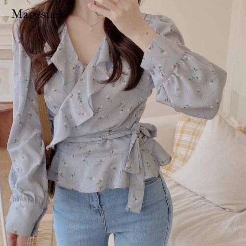 2020 Autumn Print Chiffon Women Long Sleeve Blouses Casual Sweet Blouse Ruffled Floral Shirts Womens Clothing Blusas Mujer 10332