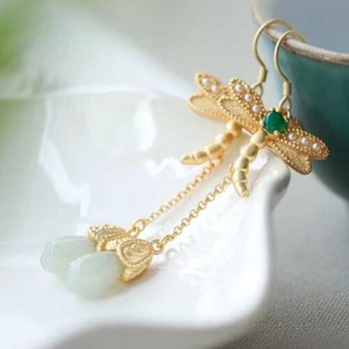 Heritage Ancient Gold S925 Sterling Silver Eardrops Dragonfly Magnolia Long Tassel Elegant Graceful Delicate Earrings Female