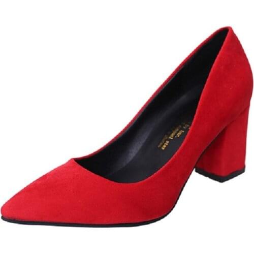 Europe and the United States new pointed suede chunky heel shoes shallow mouth with wild womens high heels red wedding shoes
