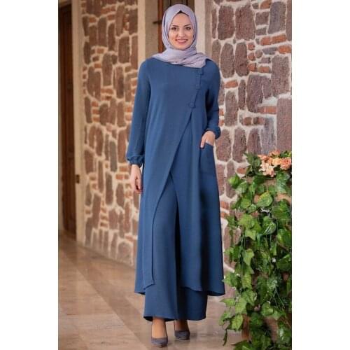 2032) Indigo color two pieces women dress. Elegant and quality dress. Muslim dress. New season fashion. Made in Turkey. Caftan