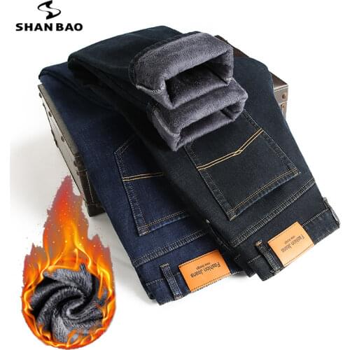 Mens Fitted Straight Slim Winter Jeans Brand Clothing Retro Style Fleece Thick and Comfortable Warm Cotton Stretch Denim Jeans