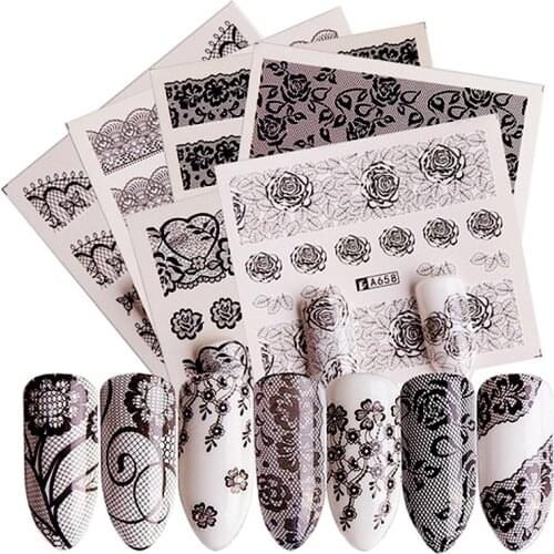 12 Sheets water transfer nail art decoration stickers black flower lace design nails decals nail supplies tool