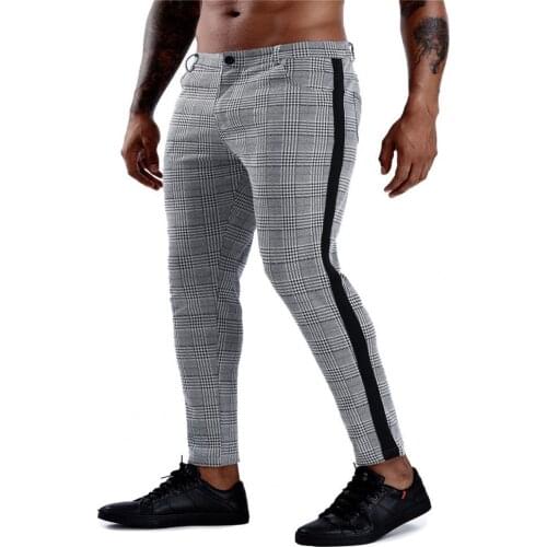 Men Pant Plaid Pattern Breathable Polyester Elastic Male Skinny Trousers for Work