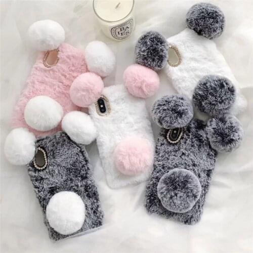 3D Panda Cute Case For iPhone 11 Pro Max XR XS X 8 6 Rabbit Genuine Hair Bling Diamond Fluffy Fur Girl Soft TPU Cartoon 40pcs