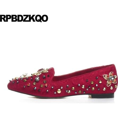 Flower Pointed Toe Chinese Wedding Shoes Embellished Red High Quality Stud Genuine Leather Flats Metal Rivet Women Rhinestone