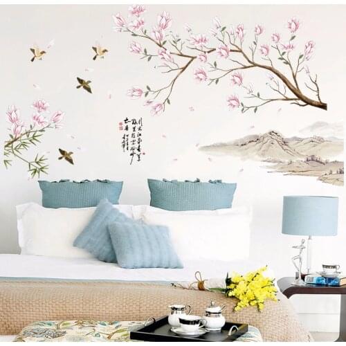 Chinese style Flowers Eco-friendly Vinyl Bedroom Living Room Removable Window Wall Stickers Decor Art Decals Mural Poster dc18