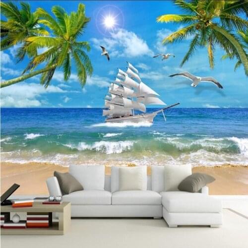 Beibehang Custom Photo Wallpaper Mural Wall Sticker Yiban Feng Shun Coconut Tree Seaview Landscape TV Wall Background Wall