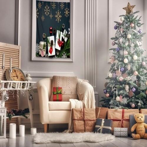 Tapestry Christmas Gifts Fir Tree Branches Pine Cons Decorative Ball Ornaments On Dark Background Green Red Charcoal