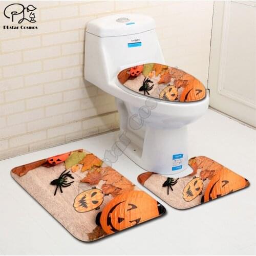 Halloween pumpkin car pattern funny 3D printed Bathroom Pedestal Rug Lid Toilet Cover Bath Mat Set drop shipping style-3