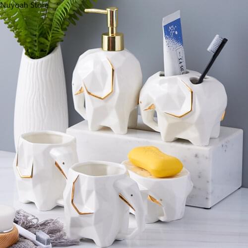 Ceramic Bathroom Supplies White Elephant Sculpture Mouthwash Cup/soap Dish/lotion Bottle/bathroom Decoration Accessories